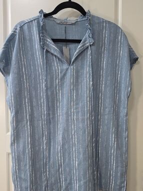 NWT - Light Blue Striped Casual Top With Tassels And Ruffled Neck - Large